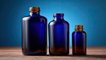 Three dark amber bottles sit on wooden surface