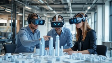 Male and Female Architects Wearing Augmented Reality Headsets Work with a 3D City Model. High-Tech Office Professionals Use Virtual Reality Modeling Software Applications. 4k video - Powered by Adobe
