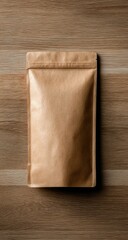 Kraft pouch on wooden surface, centered, minimalist