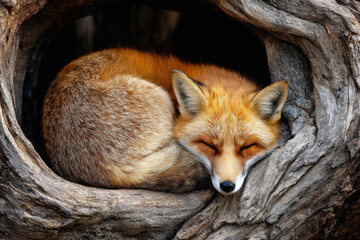 Obraz premium Fox rests peacefully inside a tree hollow in a forest setting during daylight hours