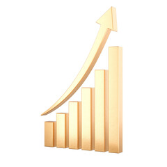Golden growth chart with arrow up. 3D rendering