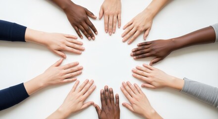 Fototapeta premium diverse group of multiracial hands forming a circle on a white background symbolizing unity