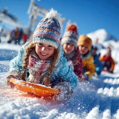 Group of happy children sledding down a snowy hill on a bright winter day with fresh snow and blue sky
