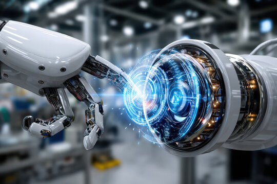 Robotic Arm Interacts with Digital Interface in Factory