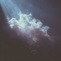 mystical light beam illuminating swirling fog dark smoke background