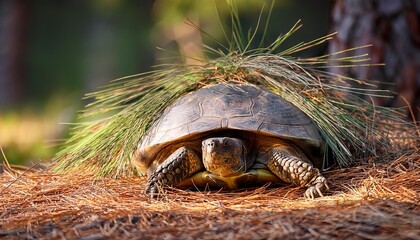 forest turtle aestivating under pine needle nest on a hot summer day