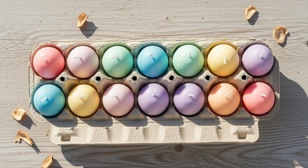 colorful pastel tea candles arranged in egg carton on wooden table casting soft shadows