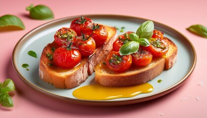 decadent toasted bread topped with luscious roasted tomatoes drizzled with golden honey and garnished with fresh basil leaves against a soft pink backdrop creating a tempting culinary masterpiece