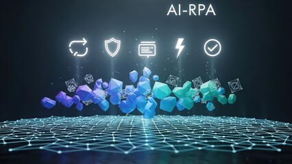 The Abstract Beauty of  AI-RPA, Low Poly Elements Floating Above a Hexagonal Grid, Glowing White Icons Representing Uninterrupted Digital Service