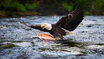 bald eagle with salmon in a river