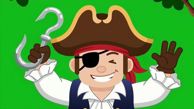Animated Cartoon Pirate Character Waving Hook Hand.