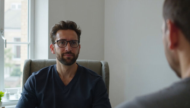 Man in glasses listening earnestly in modern office setting  
