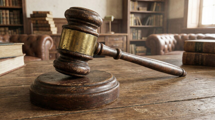 old wooden gavel resting on a rustic table in a classic law office with books and leather chairs
