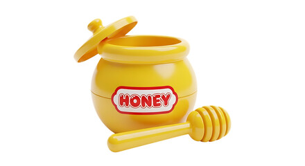 A bright yellow cartoon honey pot with a lid and a honey dipper on a transparent background Keywords: honey pot, honey dipper, sweet, food, container, kitchen