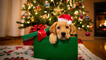 Playful golden retriever puppy in a red santa hat pops from a green gift box with a red bow, beside a twinkling christmas tree and cozy fireplace for the holidays