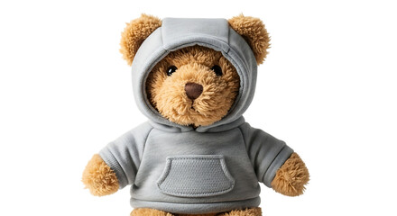 A brown teddy bear wearing a gray hooded sweatshirt on a black background stuffed animal