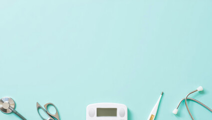 Healthcare tools and medical equipment including stethoscope, digital thermometer, household scale, and scissors flat lay on pastel blue background for wellness concept and doctor check up