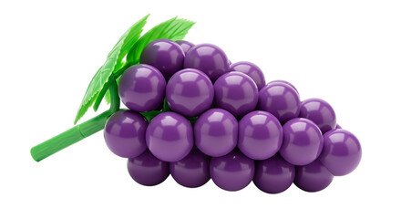 A cluster of shiny purple grapes with a green stem and leaves on a transparent background