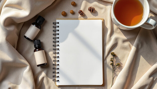Blank notebook with essential oils and cup of tea on beige fabric
