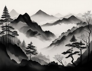 monochromatic ink wash painting of misty mountains and trees