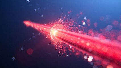 Fiber optic cable transmitting a vibrant red light signal surrounded by glowing particles, symbolizing rapid data flow, advanced network connection, and digital communication technology