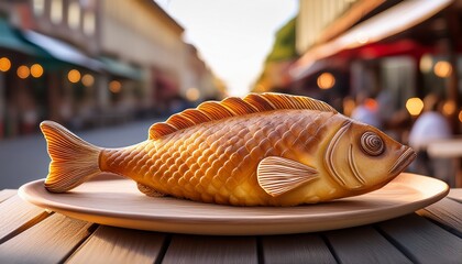 baked fish shaped pastry on a plate street scene background