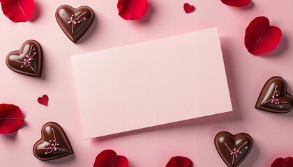 Chocolate heart-shaped cookies and rose petals on pink background
