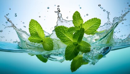 fresh mint leaves splashing into clear water creating a vibrant refreshing scene