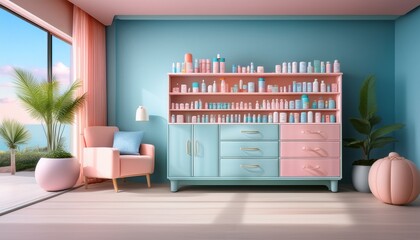stylish medicine cabinet with assorted health products including bottles and pills in a pastel aesthetic visually representing organization and hygiene in domestic wellness
