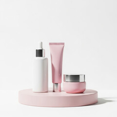 Elegant pink skincare products on display