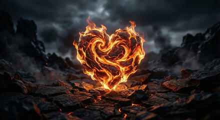Burning heart glowing with lava and flames on a desolate volcanic landscape. Symbolizing passion. Strong emotion. Deep love. Or an intense relationship
