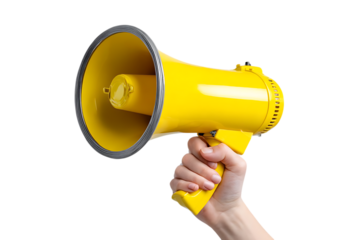 A person's hand holding a bright yellow megaphone or bullhorn against a plain white background.