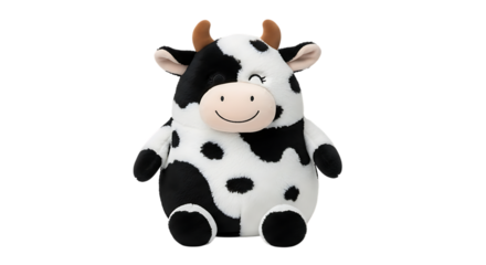 A Round Plush Cow Toy with Black and White Spots and Brown Horns on a Black Background