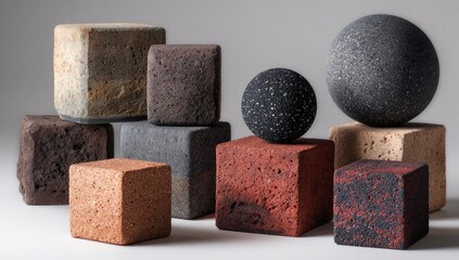 Textured cubes & spheres; earthy tones, subtle gradients