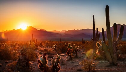 desert landscape sunrise with cacti and mountains