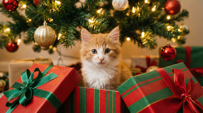 Adorable ginger tabby kitten looking directly at viewer, sitting inside christmas gift box, surrounded by wrapped presents and illuminated holiday tree