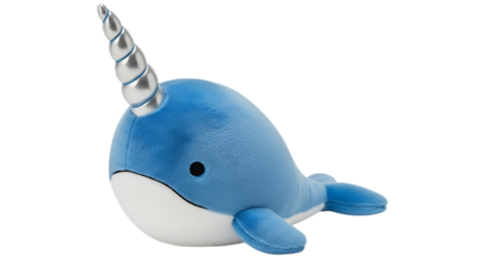 Blue Plush Narwhal Toy with Silver Horn and White Belly on Black Background Keywords: narwhal, whale, plush, toy, stuffed animal, cute, kawaii, sea creature