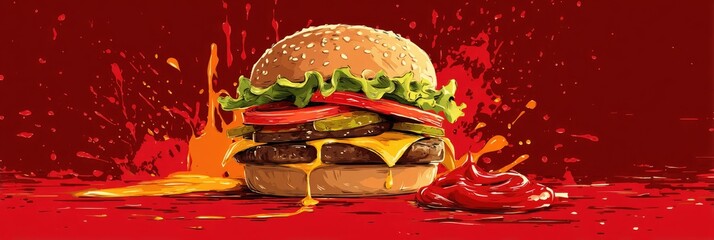Cartoon burger with toppings and sauces on red splatter