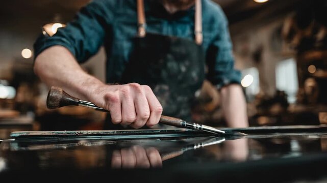 Medium shot of a worker polishing palladium sheets capturing the reflective surface and meticulous attention to detail in a clean workshop.