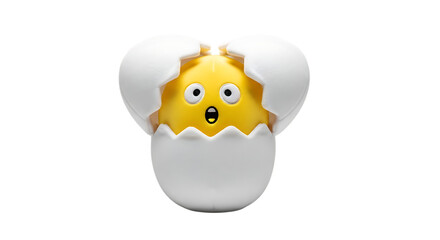 Surprised yellow chick hatches from white eggshell