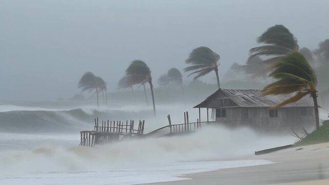 A powerful hurricane with destructive winds and a massive storm surge batters a wooden shack on a tropical beach.