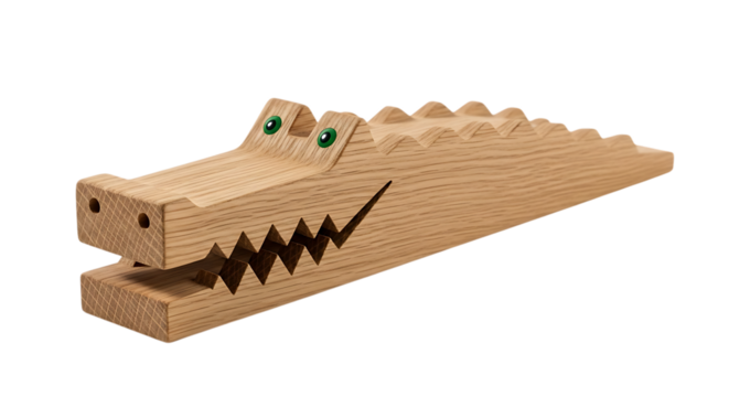 Handcrafted wooden alligator door stop with painted teeth and eyes
