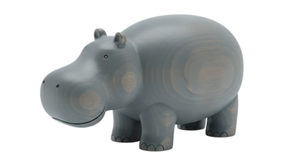 Wooden Toy Hippopotamus with Gray Finish and Simple Features on Black Background animal