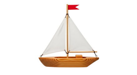 Wooden Toy Sailboat with White Sails and Red Flag on Black Background graphic design
