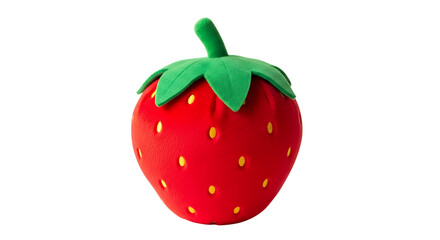 Plush strawberry toy with green stem and leaves