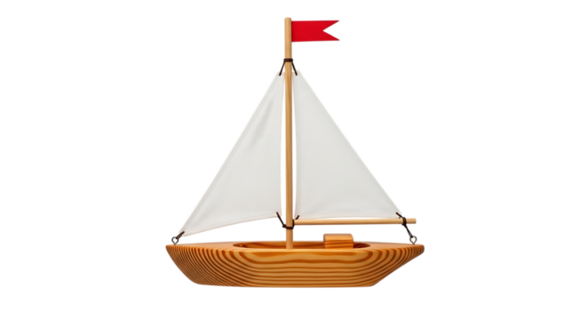 Wooden Toy Sailboat with White Sails and Red Flag on Black Background graphic design