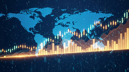 Global Stock Market Growth Chart and Business Data Visualization Futuristic Finance Technology and World Map Loop