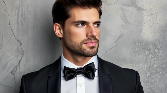 Elegant Attire: A distinguished gentleman, impeccably dressed in a tuxedo, exudes sophistication and charisma, against a neutral backdrop.