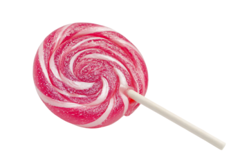 Close-up of a red and white swirled lollipop on a white stick.