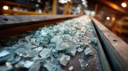 Glass Fragments on a Recycling Conveyor in Modern Industrial Plant
